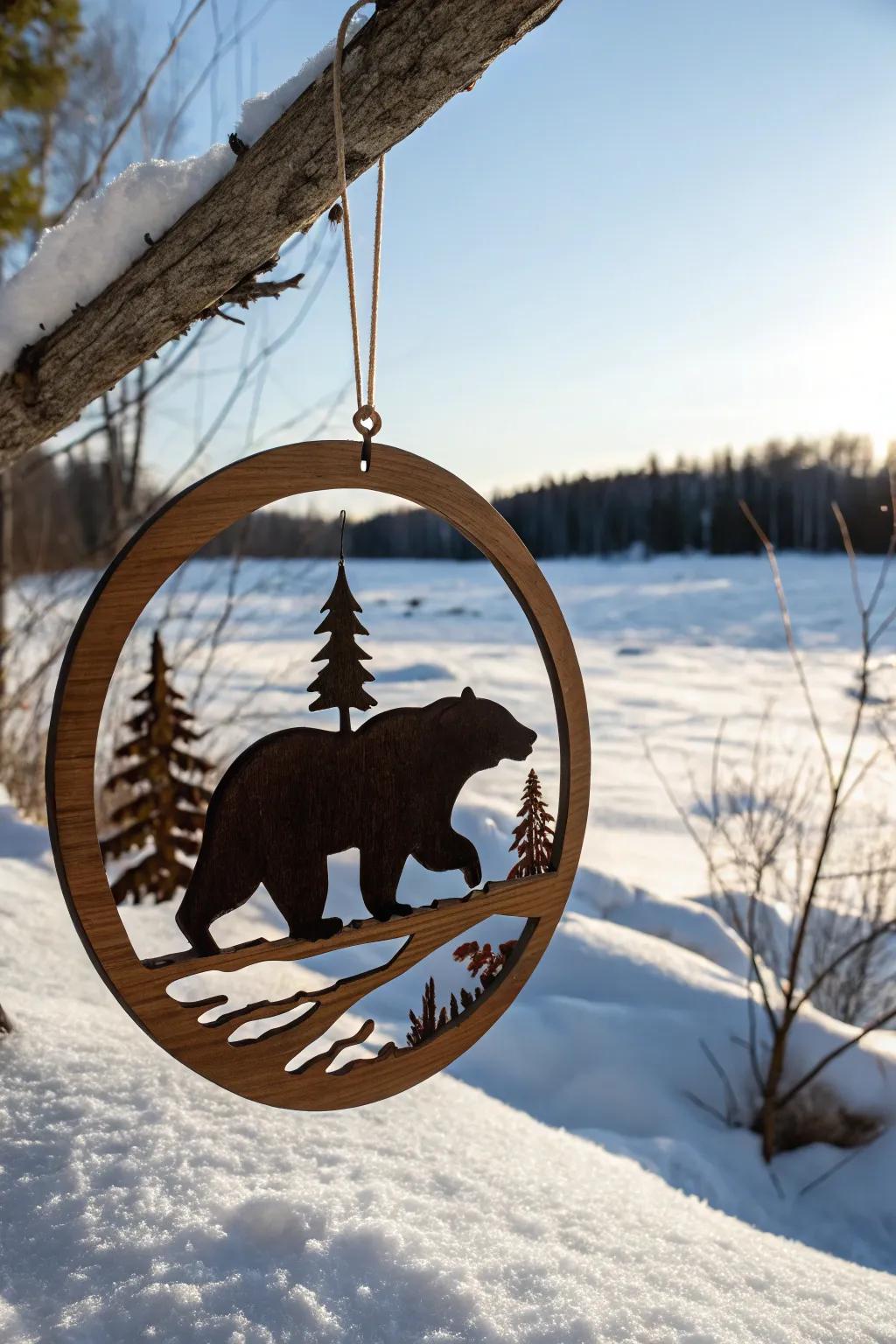 A bear silhouette adds a touch of whimsy to this wooden ornament.