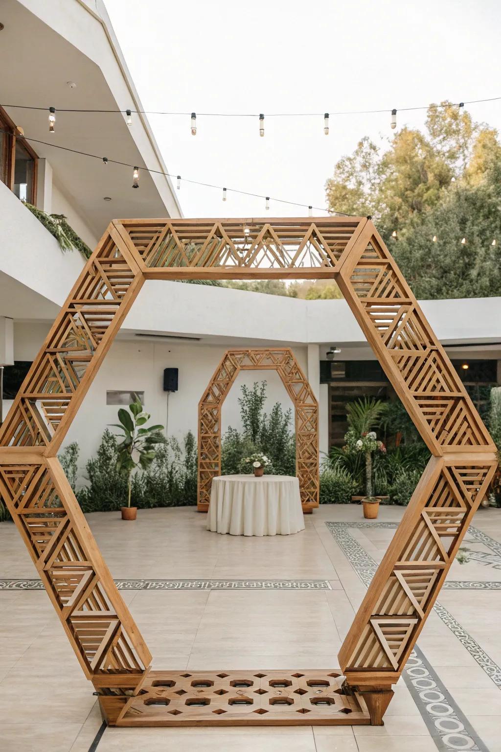 A geometric wooden arch adds a modern touch to your ceremony.