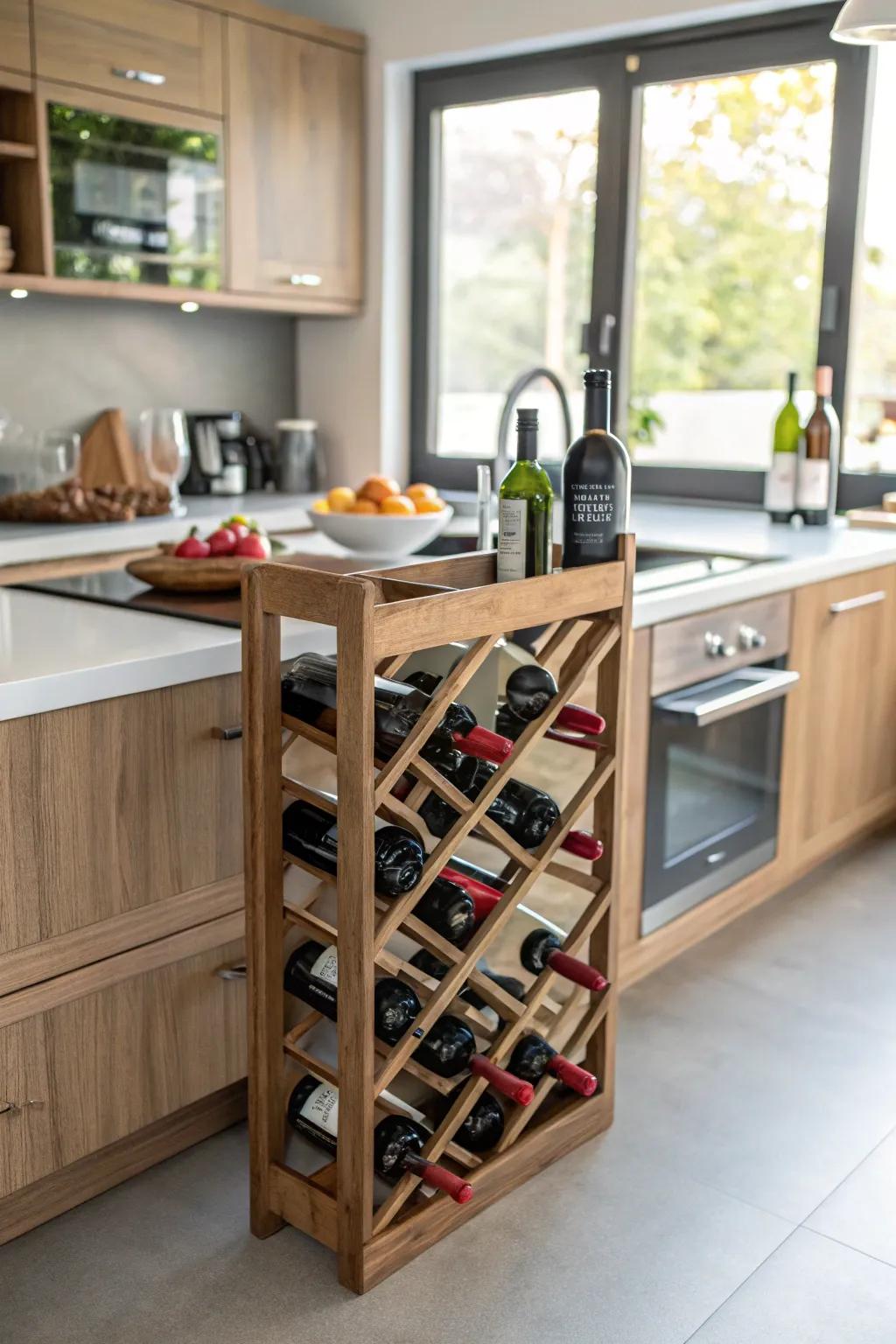 A wooden wine rack that combines elegance and functionality.