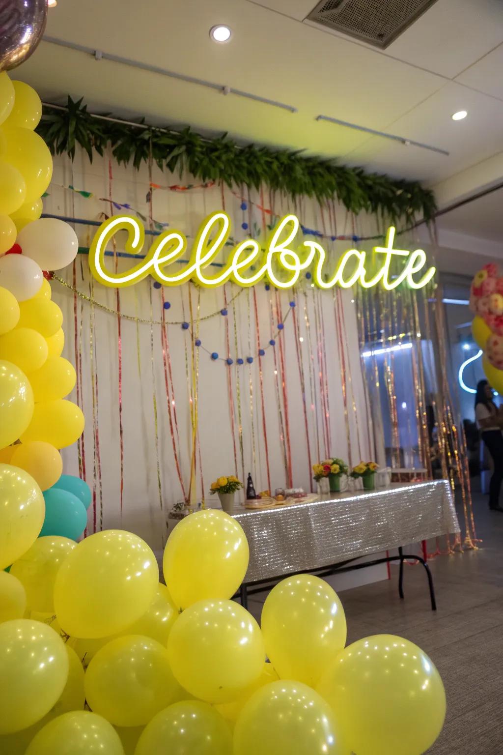 Neon sign with yellow balloons for a lively decor.