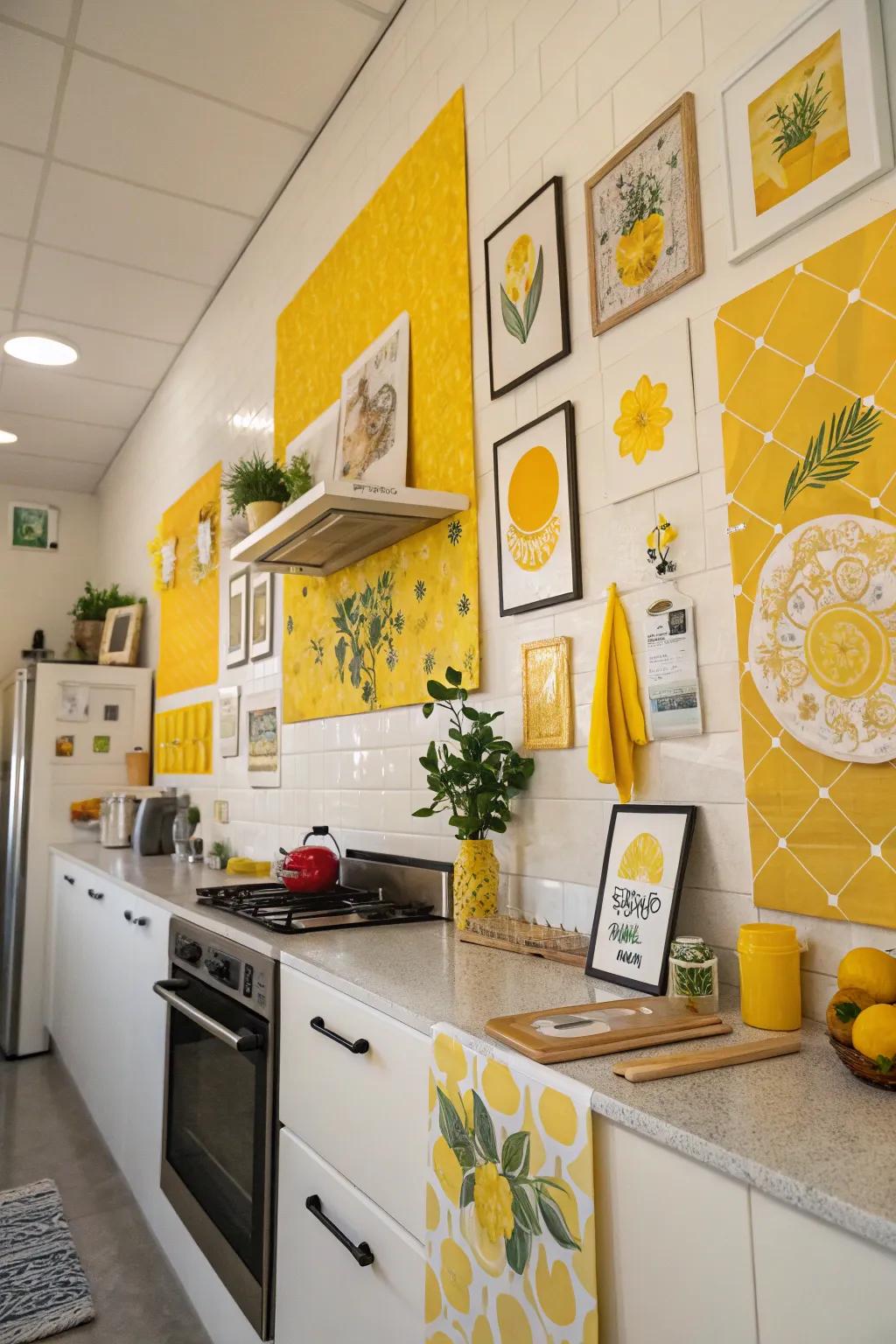 Yellow wall art injects personality and vibrancy into the kitchen decor.