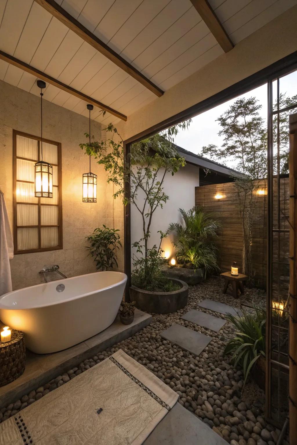 Soft lighting transforms the bathroom into a tranquil haven.