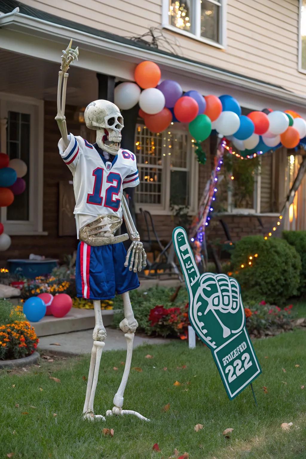 A sporty skeleton ready to cheer on the team.