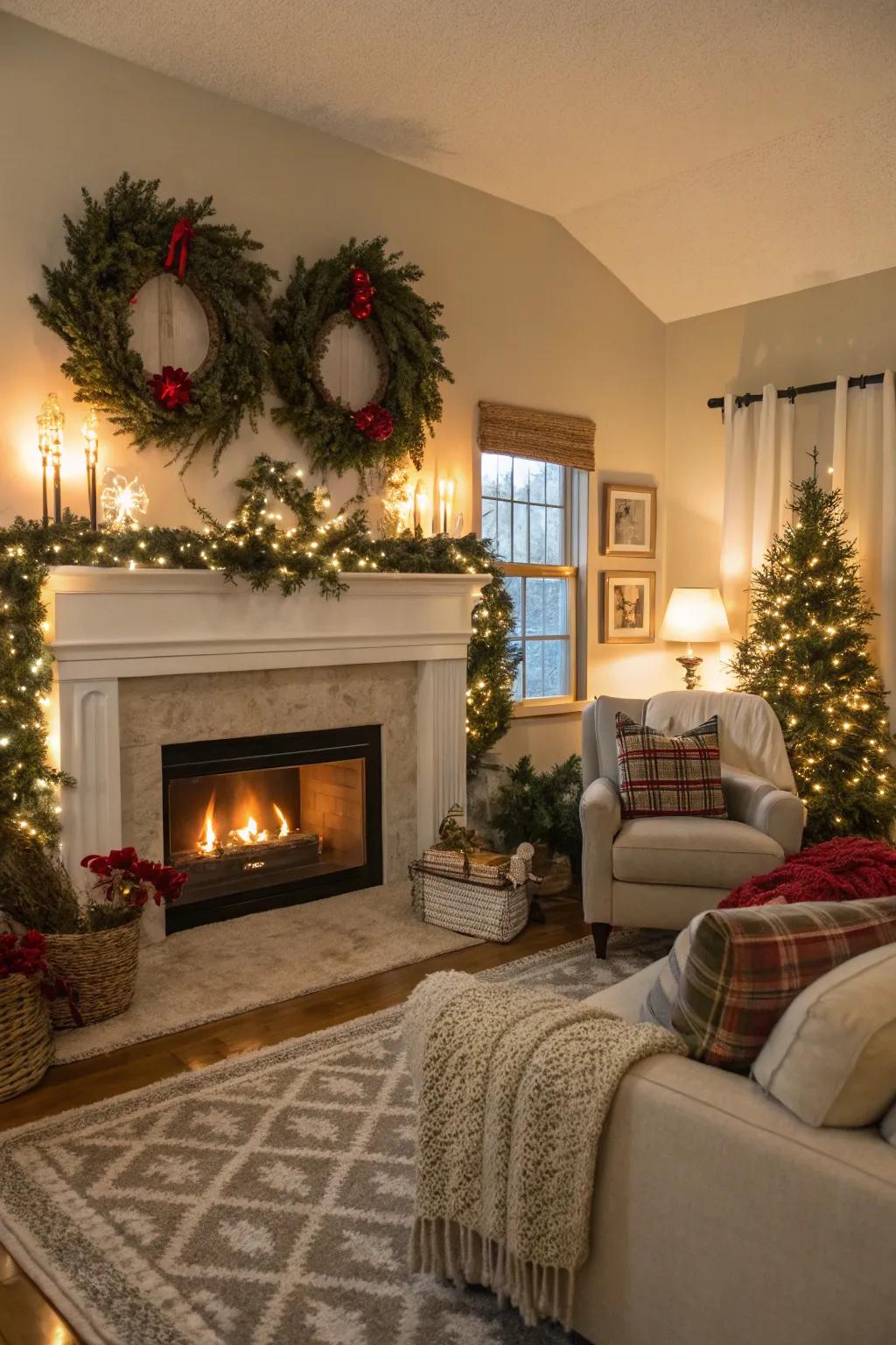 Seasonal decor above the fireplace keeps the space festive and inviting.