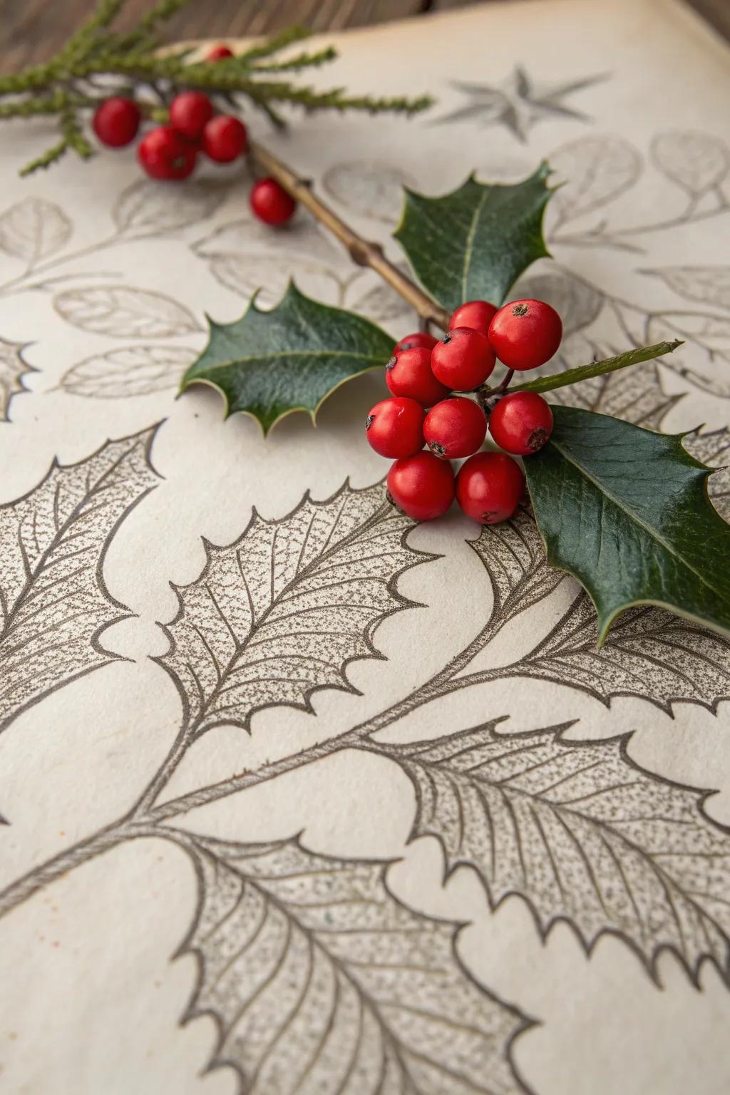 An elegant holly and berries drawing.