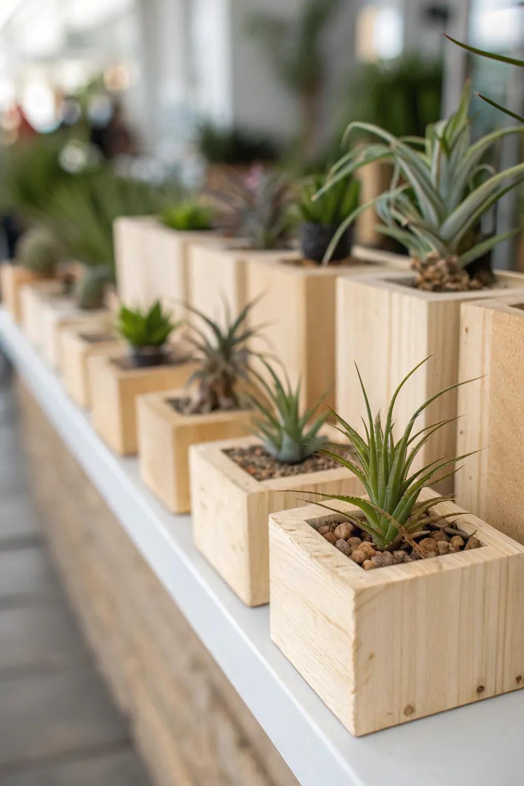 Wooden blocks provide a minimalist aesthetic for air plants.