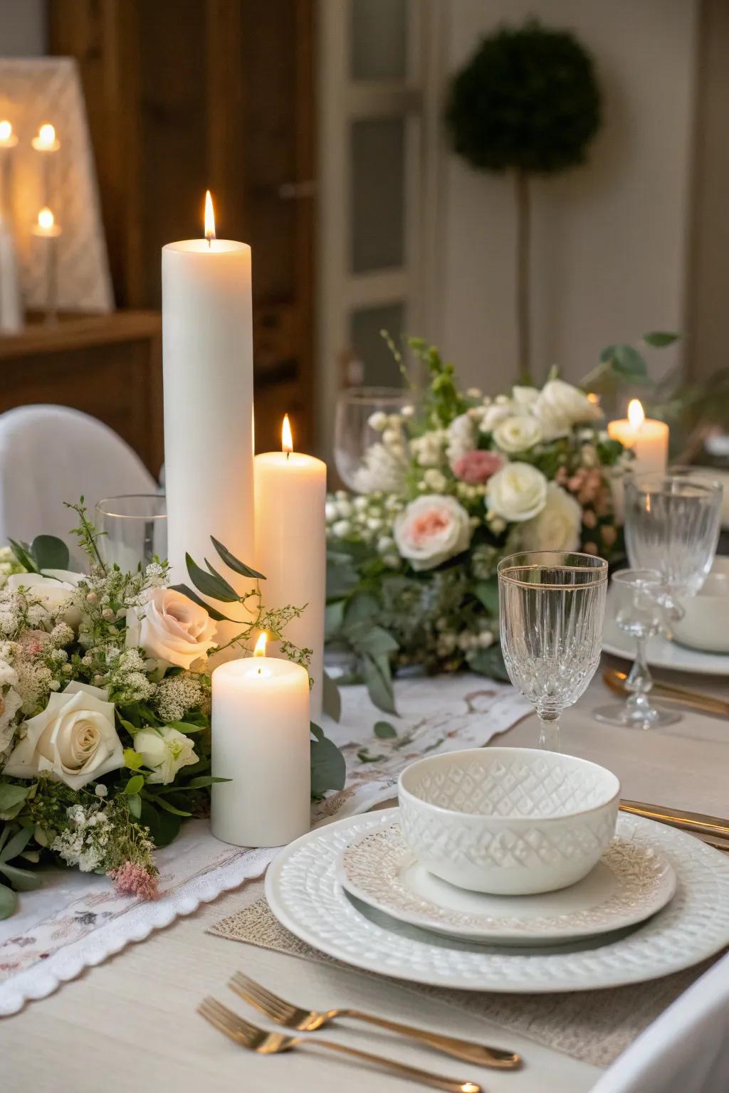 Candles add warmth and intimacy to the all-white dinner setting.