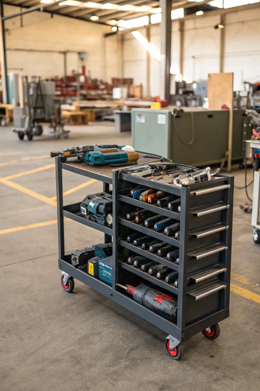 Mobile rolling cart for versatile angle grinder storage across different work zones.