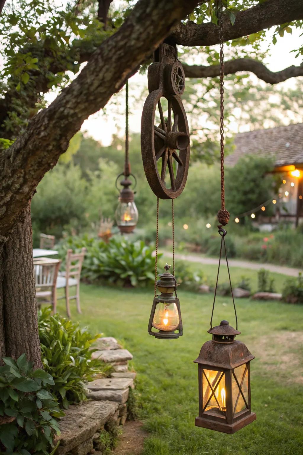 Create magical garden lighting with vintage pulleys.