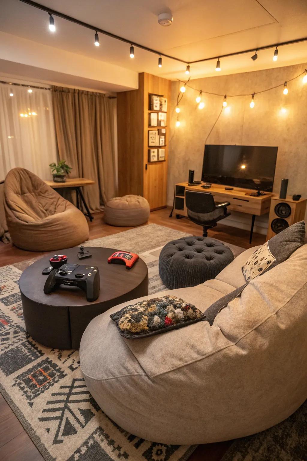 Diverse seating options ensure comfort for both solo and group gaming sessions.