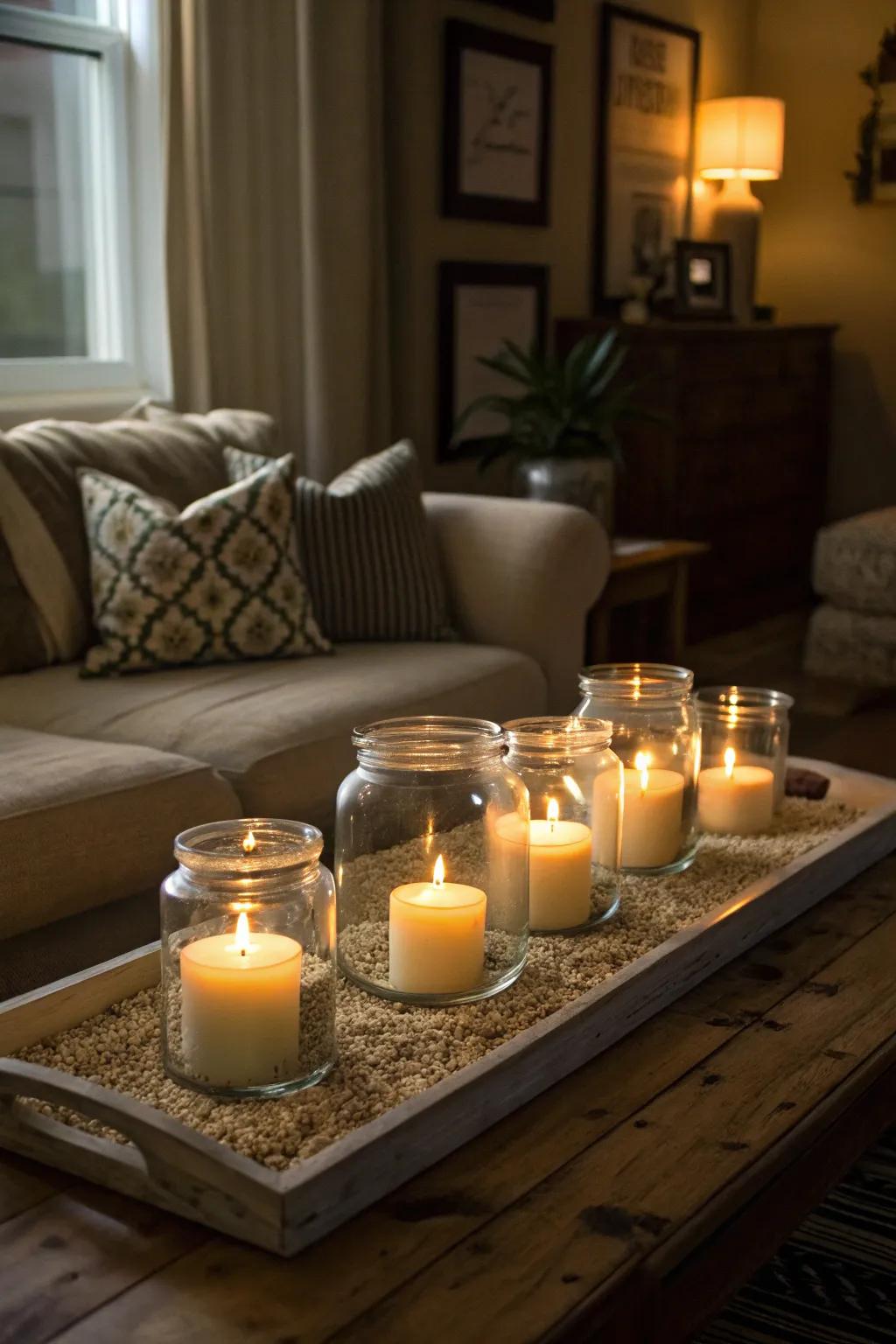 Soft candlelight in apothecary jars creates a serene atmosphere.