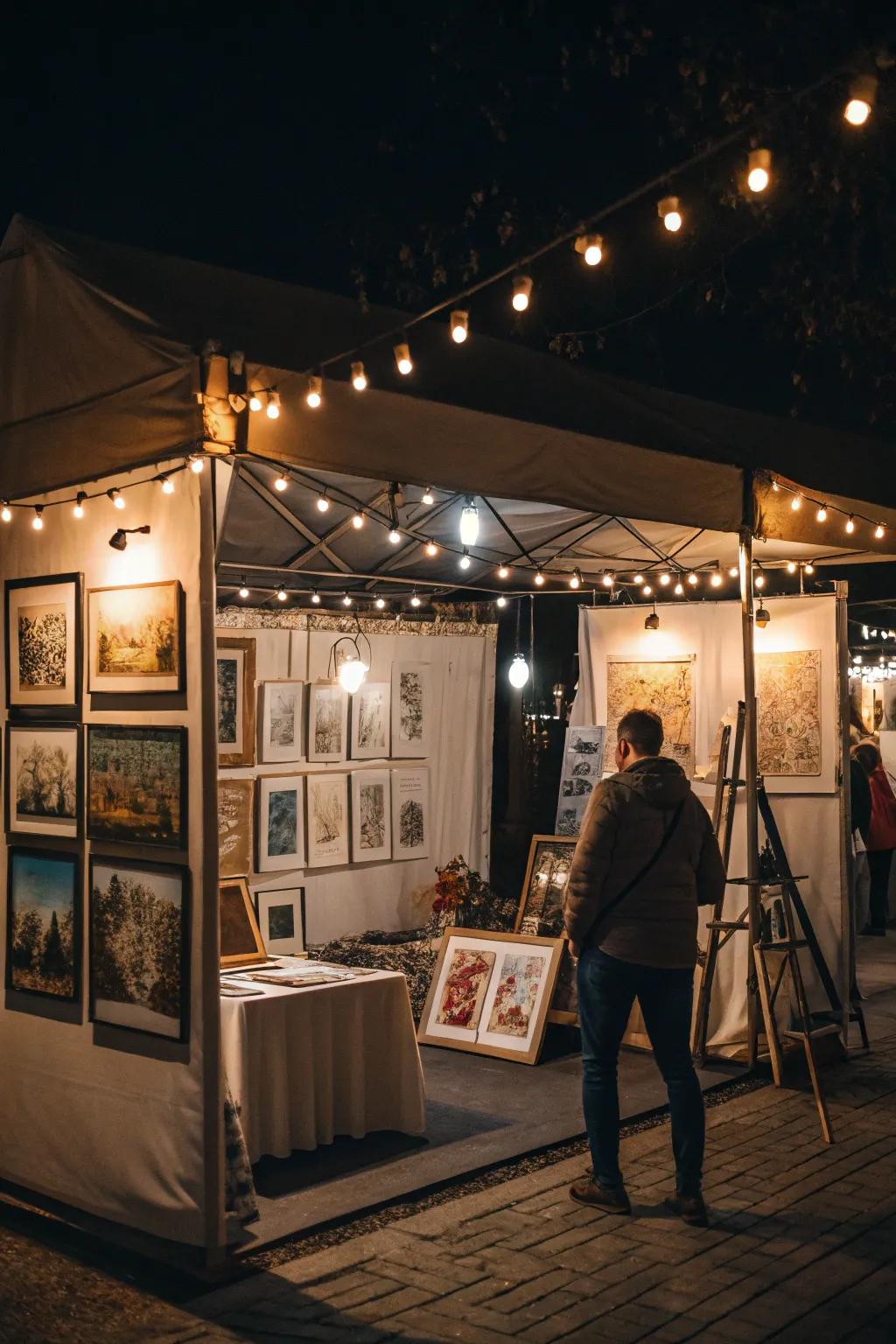 Captivating booth lighting highlighting the artworks.