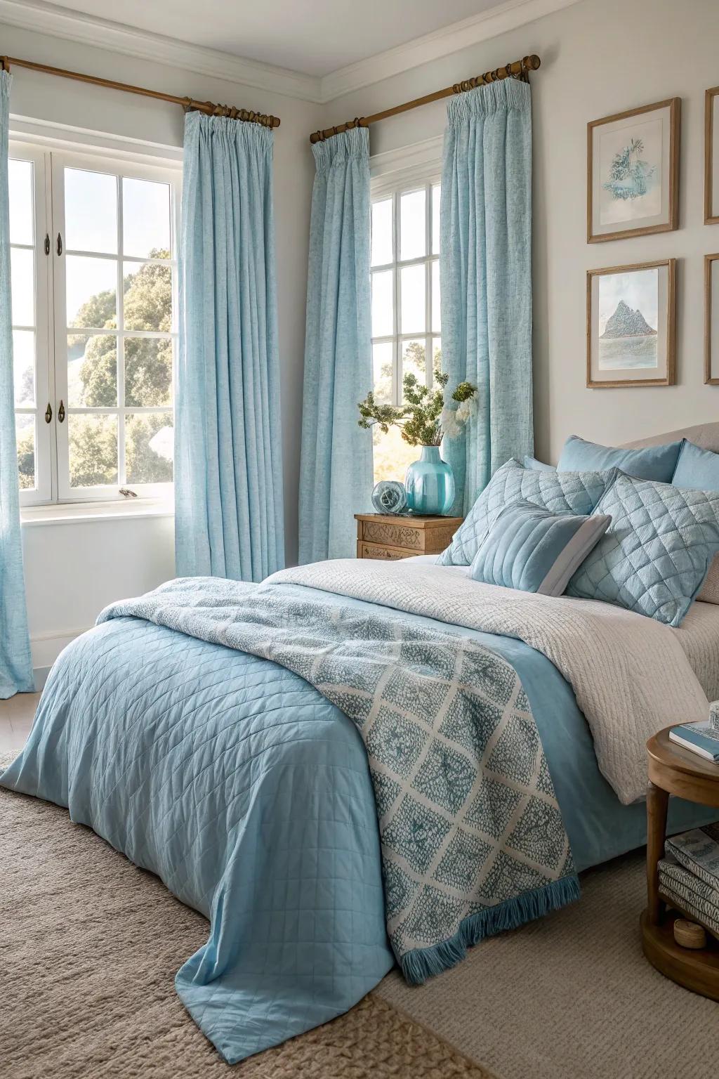 Textural layers bring depth and warmth to a baby blue-themed bedroom.