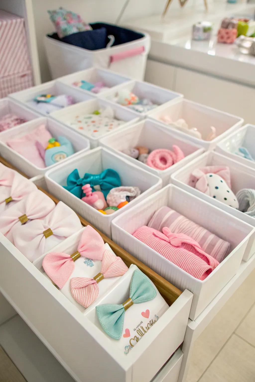 Efficient storage boxes for bows and baby items.