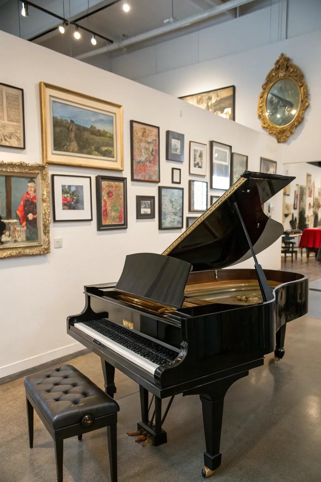 Artistic elements enhance the sophistication of the piano area.