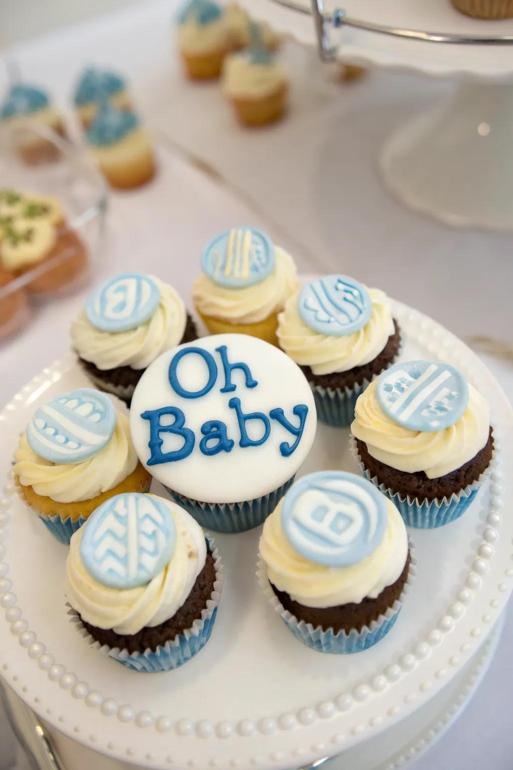 Cupcakes with 'Oh Baby' text for a celebratory feel.