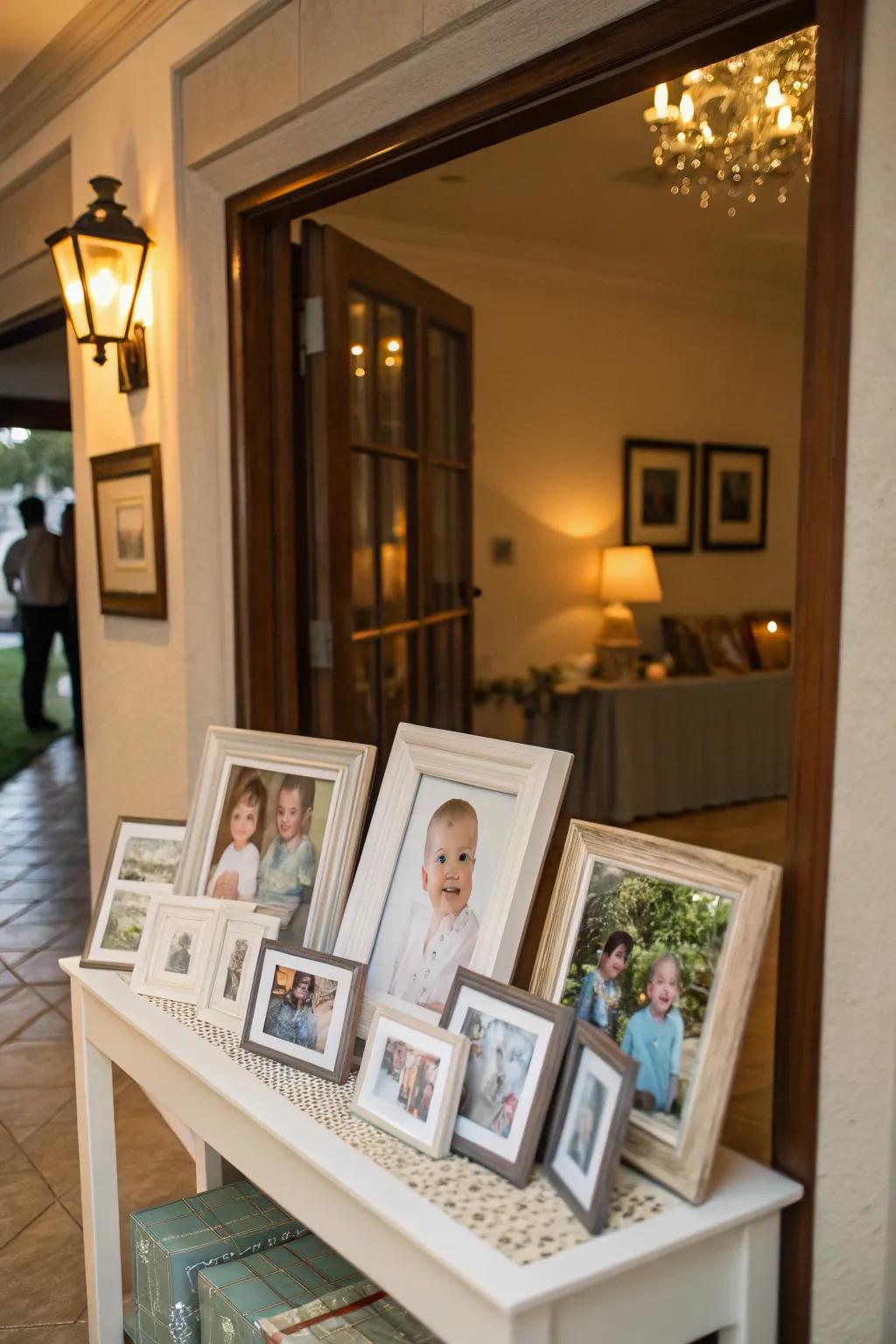 A personalized photo display welcomes guests with warmth and familiarity.