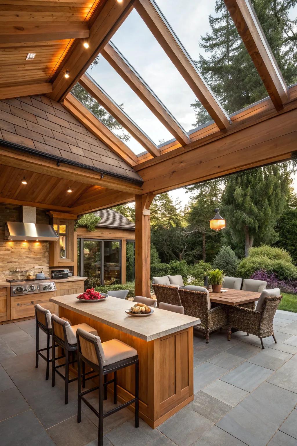 A cedar roof with skylights enhances the natural charm of your outdoor kitchen.