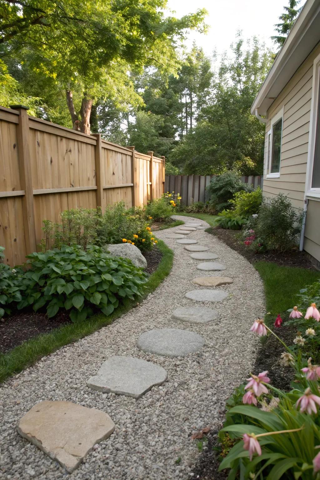 A gravel path that helps manage water runoff in the backyard.