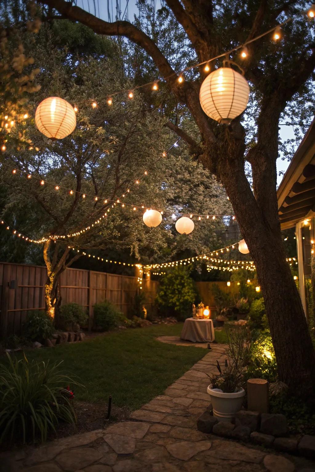 String lights and lanterns transform a backyard into an enchanting night escape.