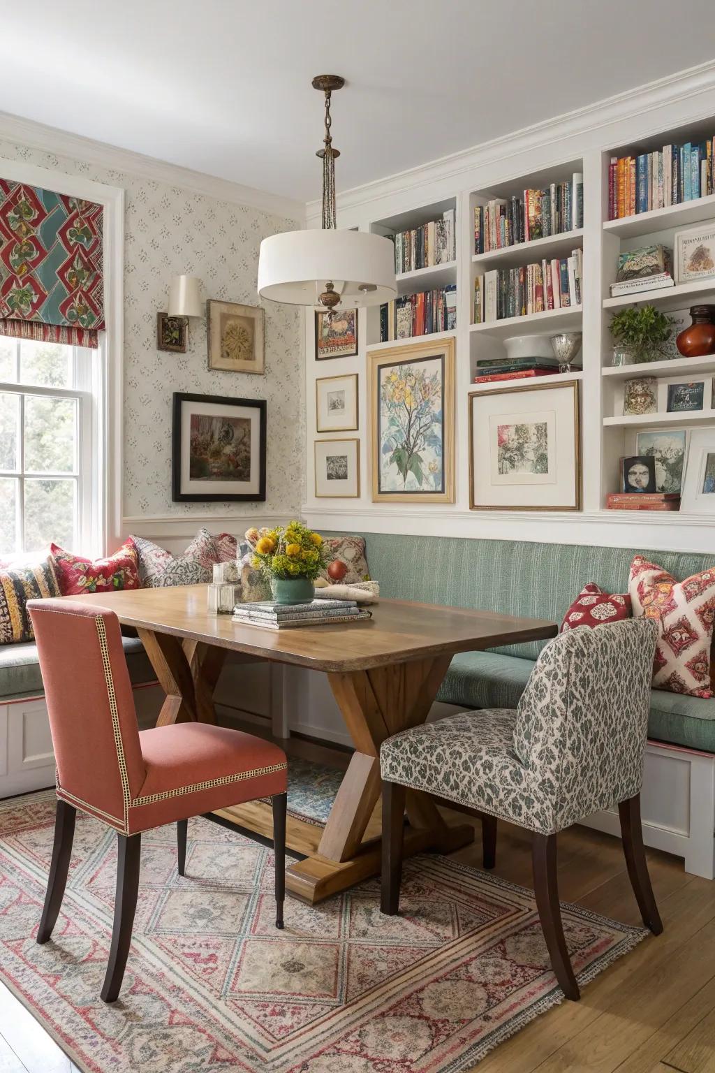 An eclectic dining space with a mix of banquette seating and mismatched chairs.