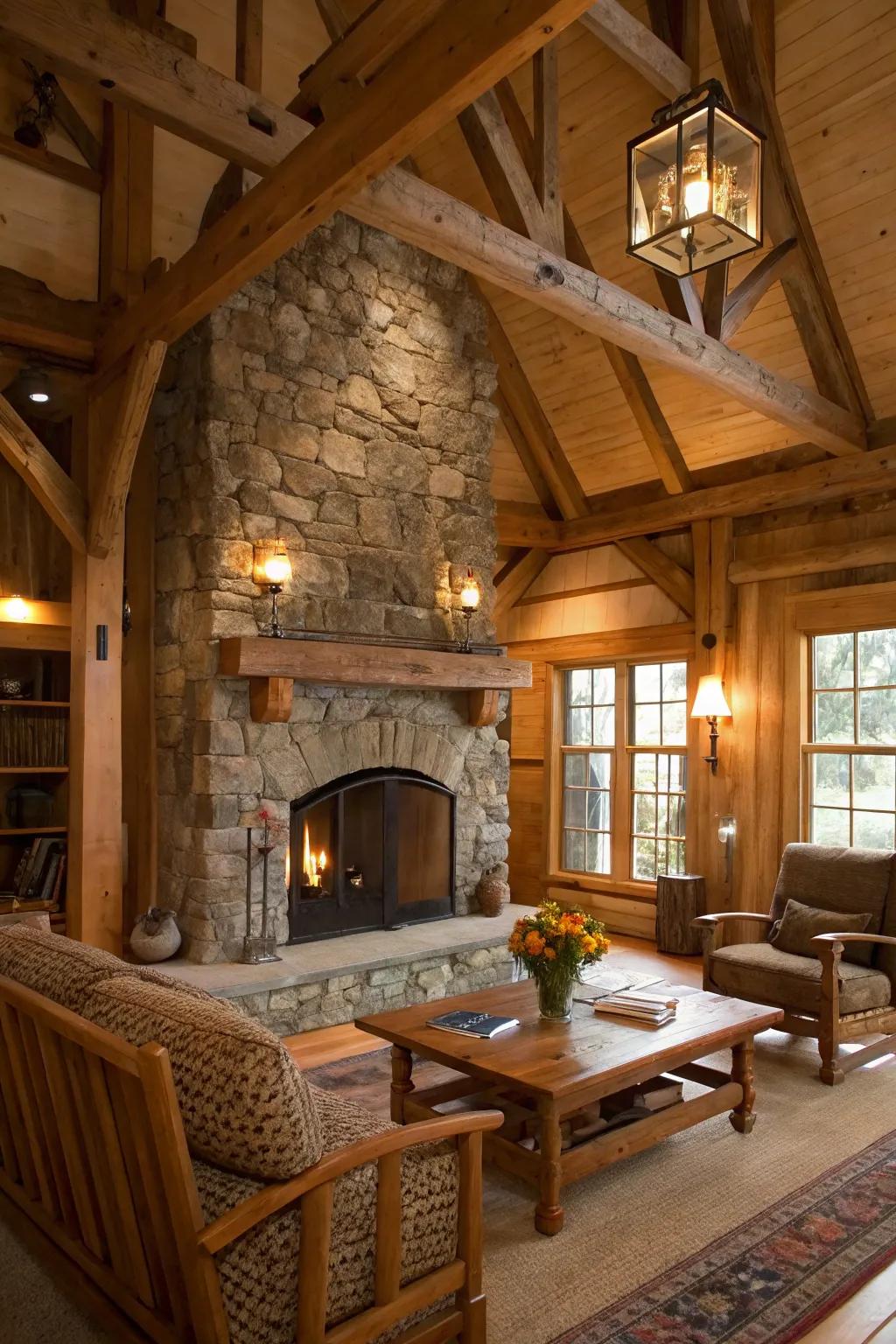 A cozy living room centered around a rustic stone fireplace.