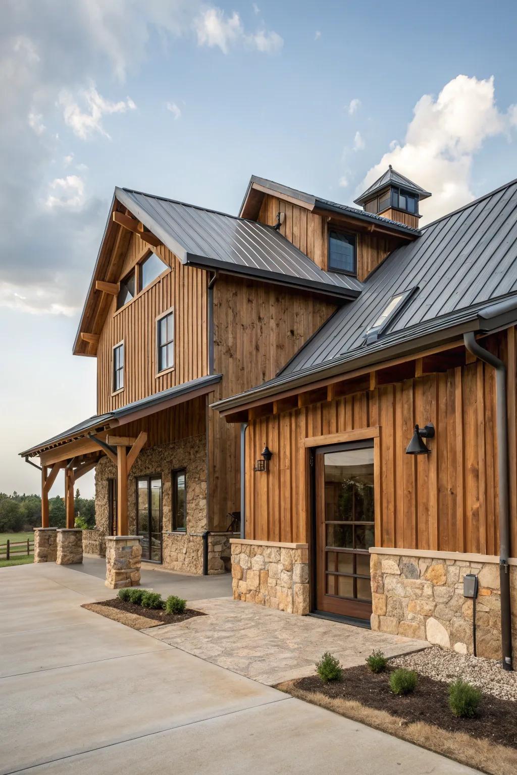 A captivating combination of materials enhancing this barndominium's exterior.