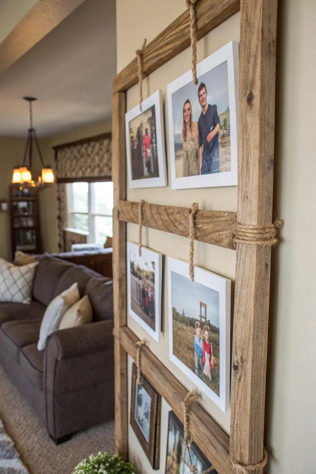 DIY barnwood photo collage with jute twine.