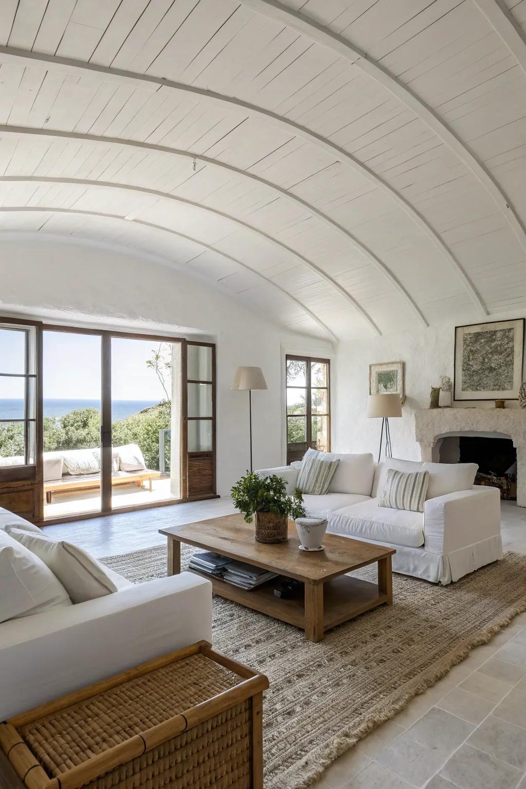 A modern minimalist living room with a sleek barrel ceiling.