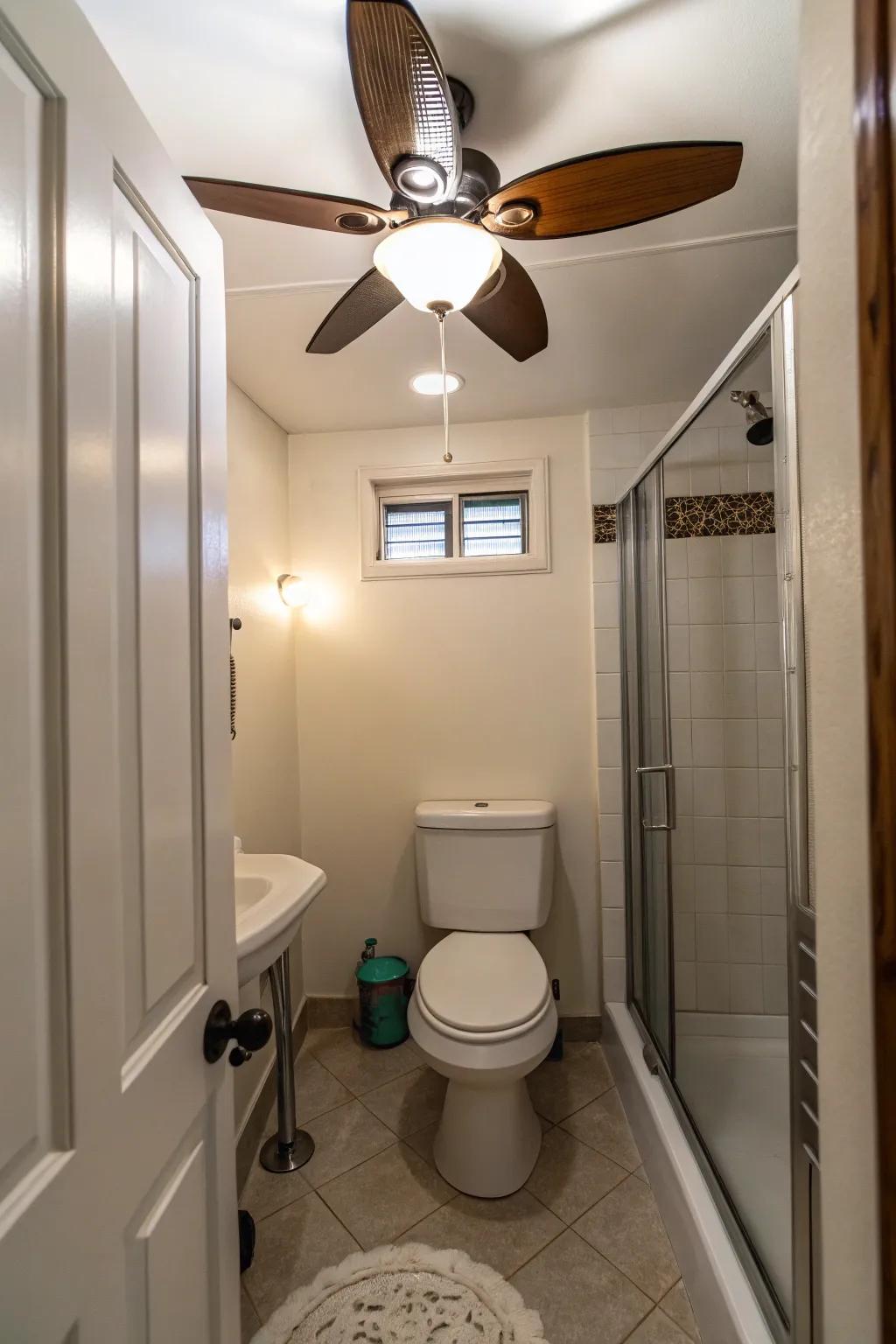 A compact bathroom with an efficient ceiling fan with light.