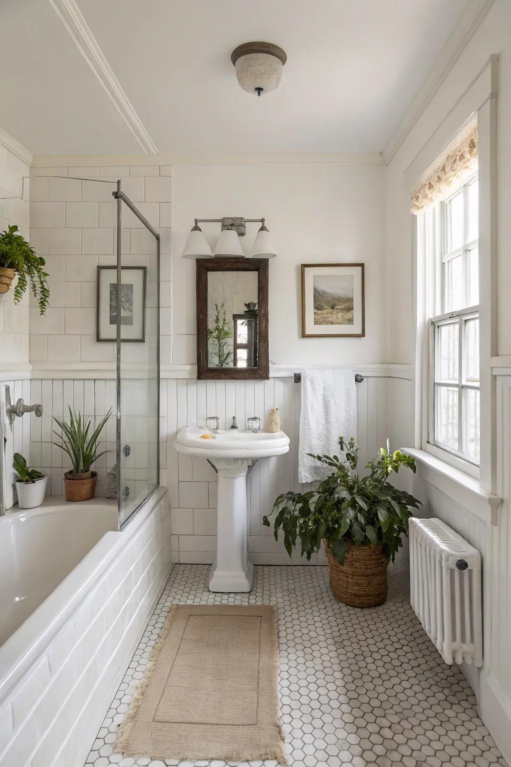 Classic white walls offer a timeless and airy bathroom feel.