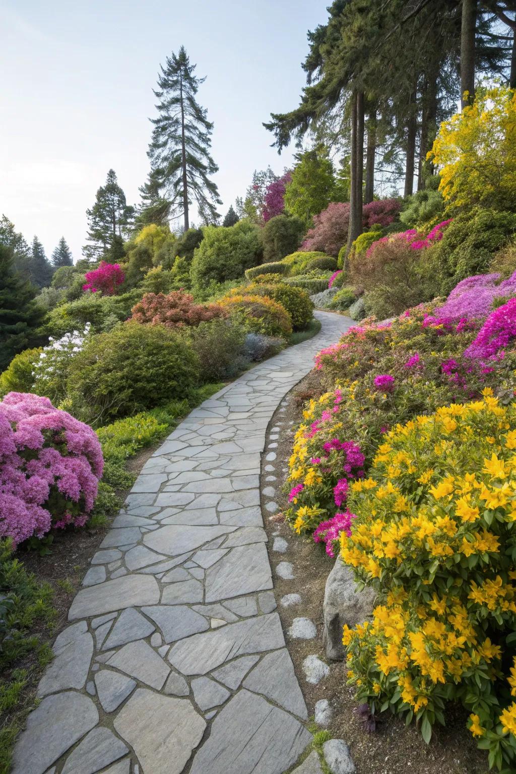 A stone pathway meandering through a lush, colorful garden.