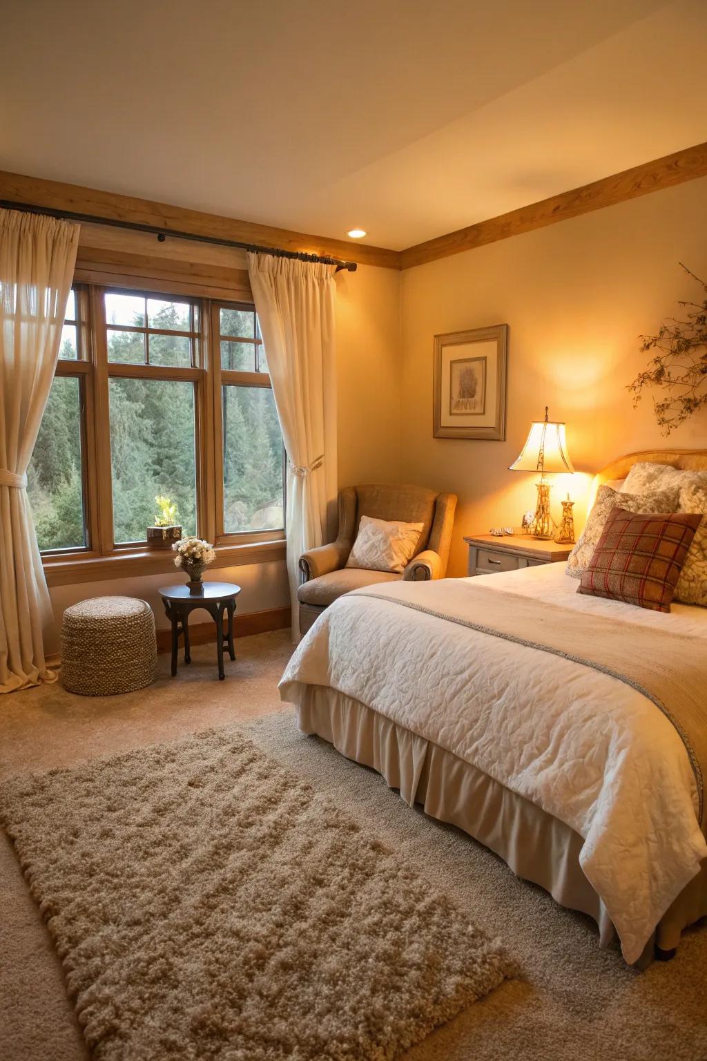 Plush carpets offer luxurious comfort in the bedroom.