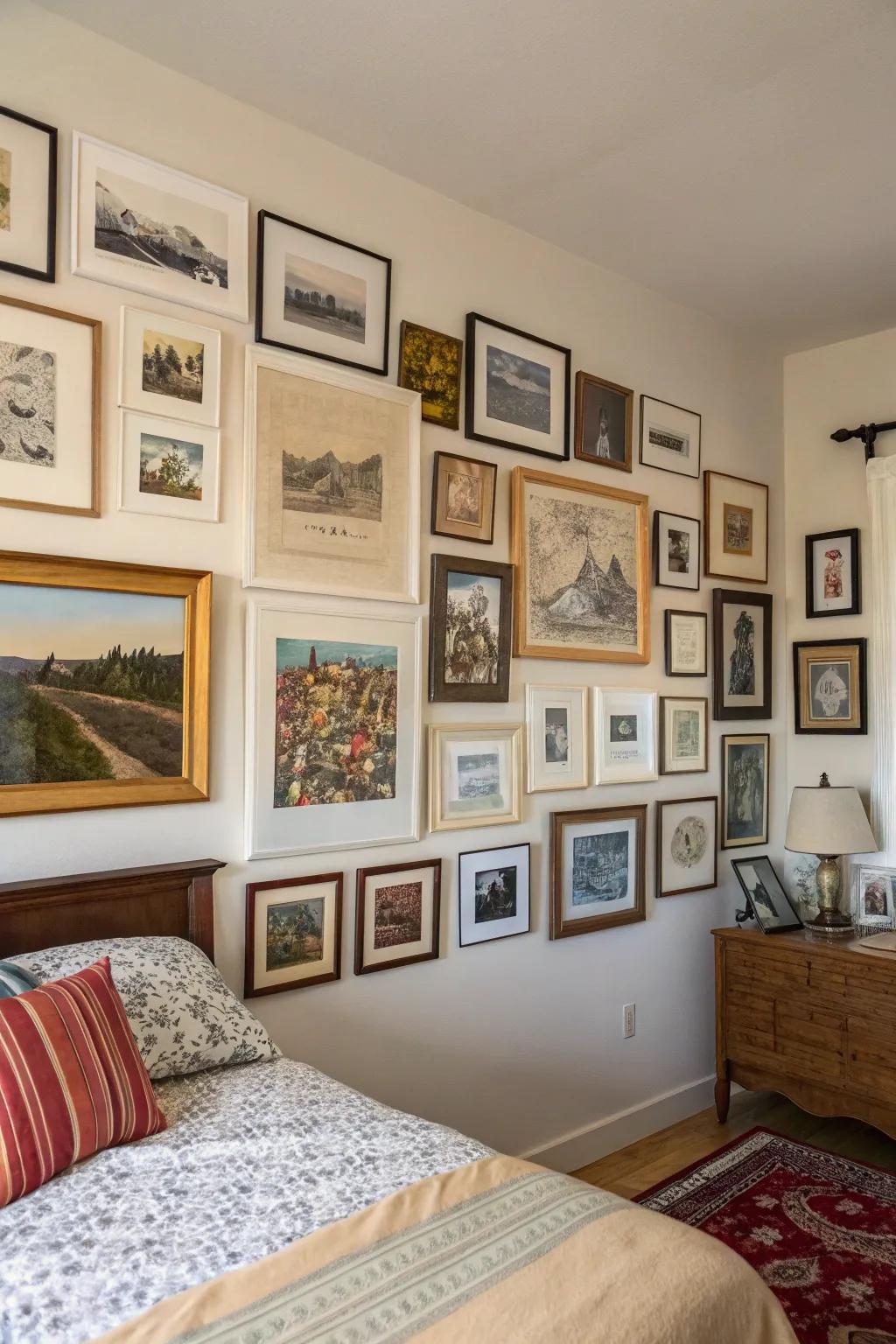 A gallery wall adds a personal touch to any bedroom.