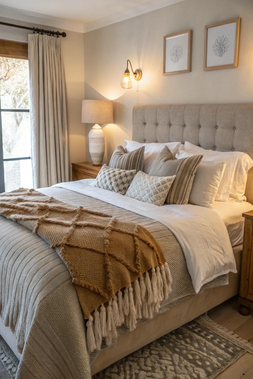 Layered bedding adds luxury and comfort to this bedroom.