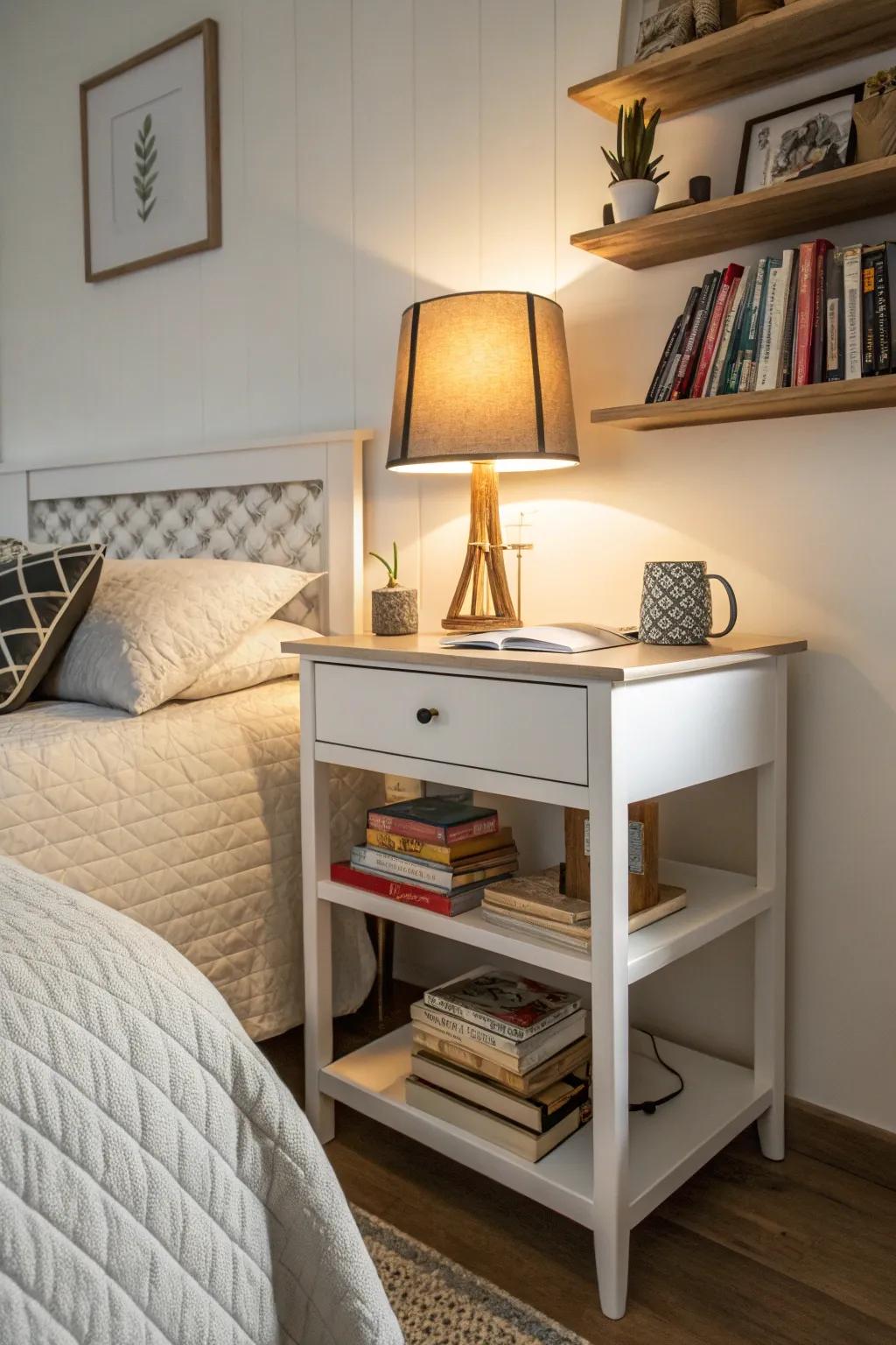 Double up your desk as a nightstand for space efficiency.