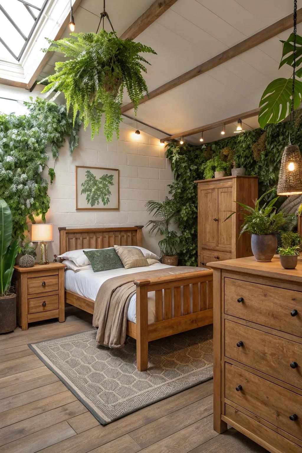 A bedroom that harmonizes with nature through wood and greenery.