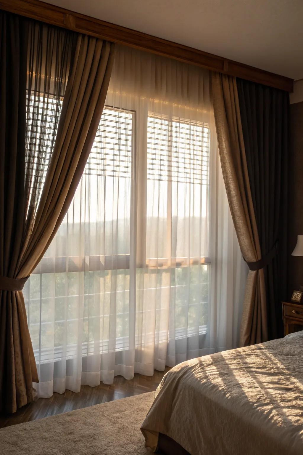 Layered window treatments offer versatility in light and privacy control.