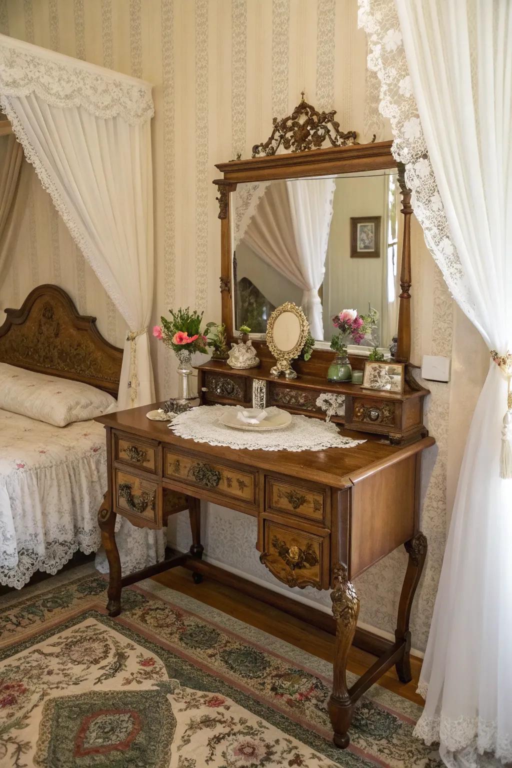 A vintage console repurposed into a charming vanity.