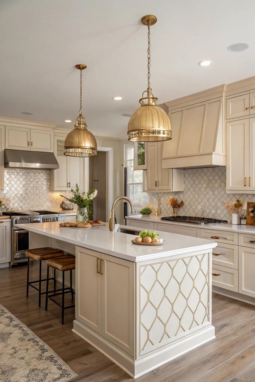 Brass pendant lights add warmth and elegance to the space.