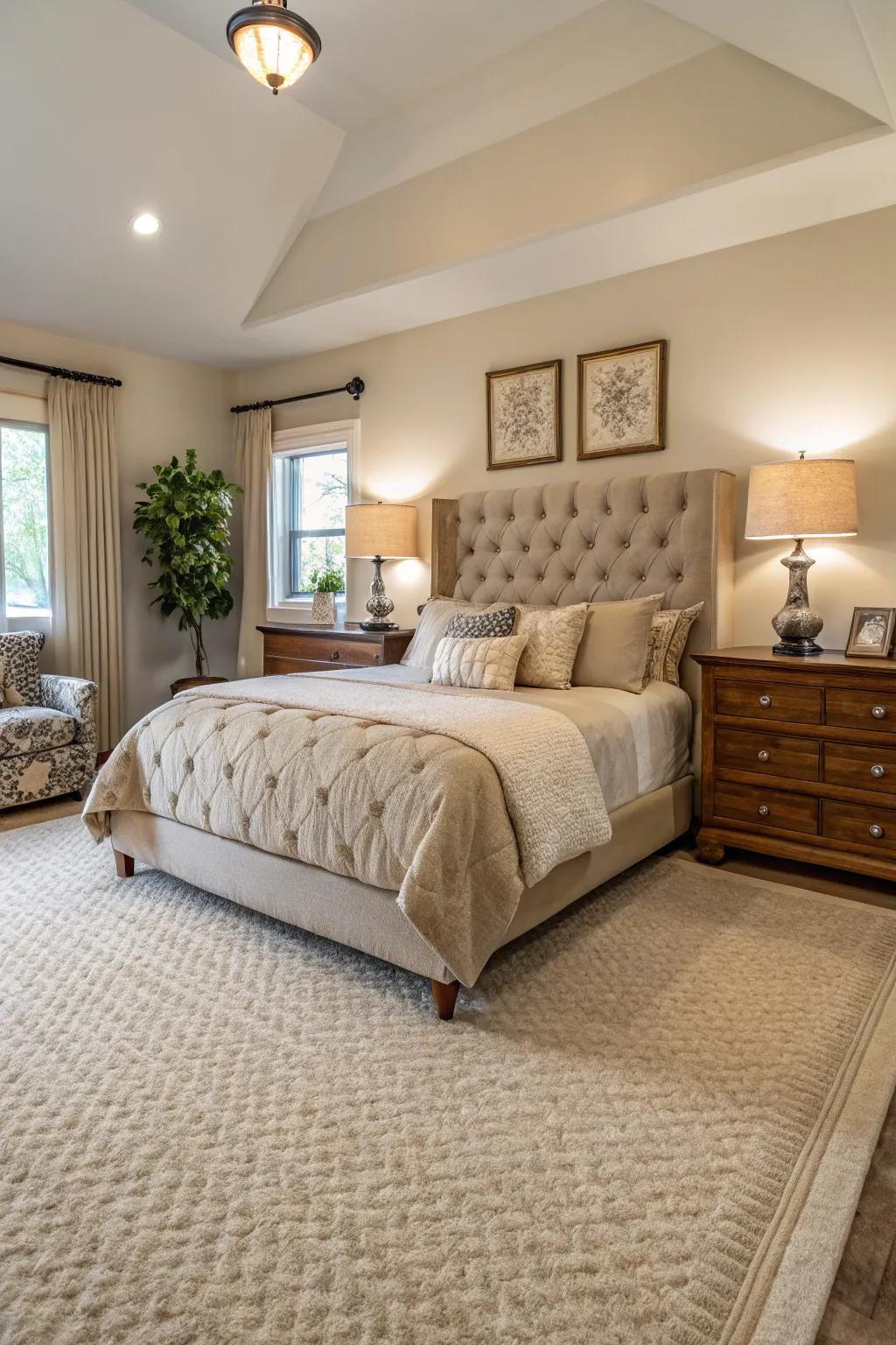 An eclectic mix of furniture complements the neutral elegance of a beige carpet.