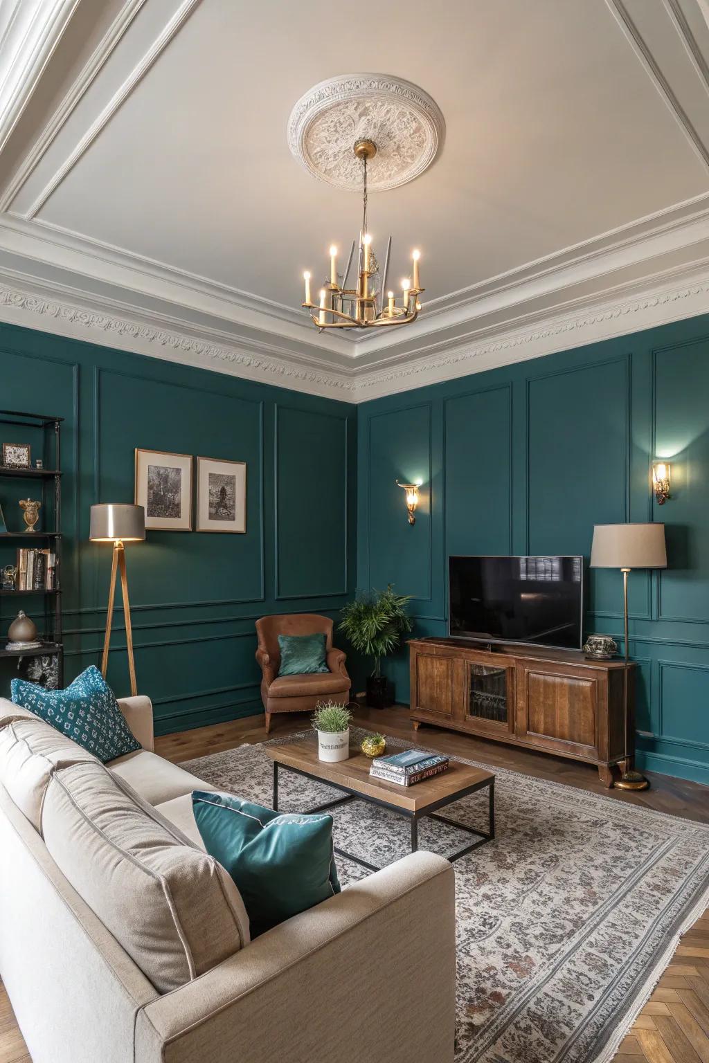 Deep teal adds elegance and depth to your living room.