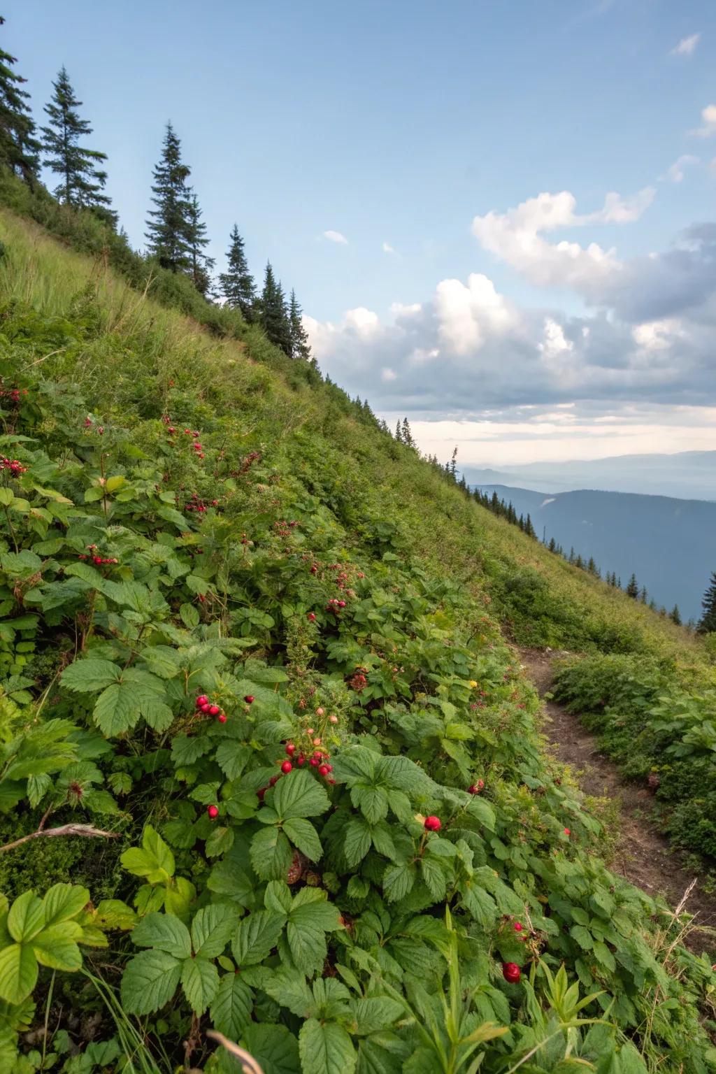 Creeping Raspberry adds texture and interest to slopes.