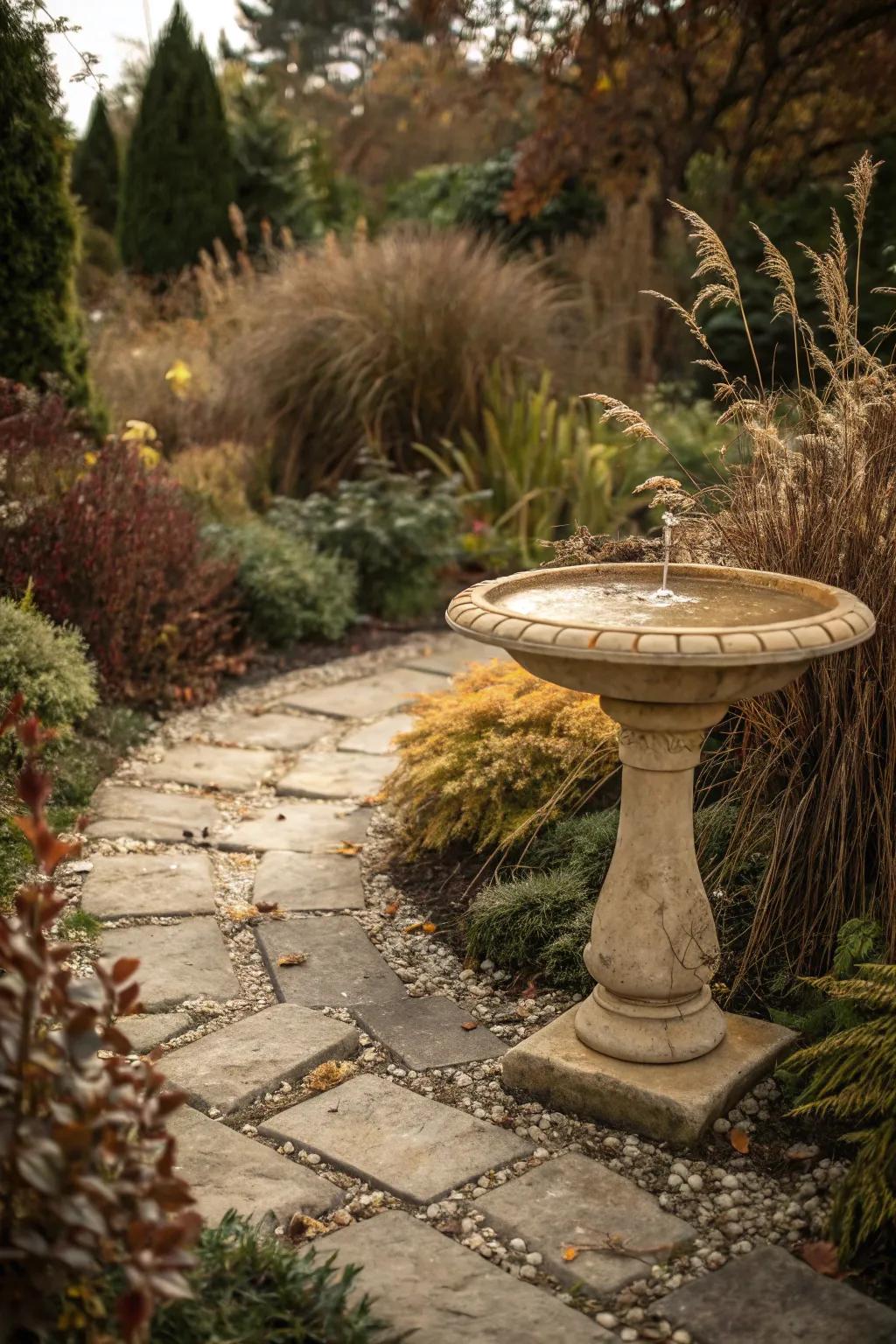 A tan bird bath blending beautifully with earthy garden tones, creating a natural haven for birds.