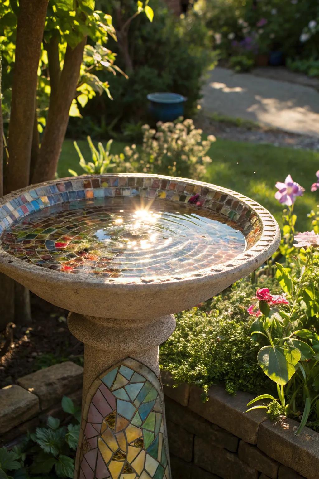 A mosaic bird bath adding a splash of color and art to the garden.