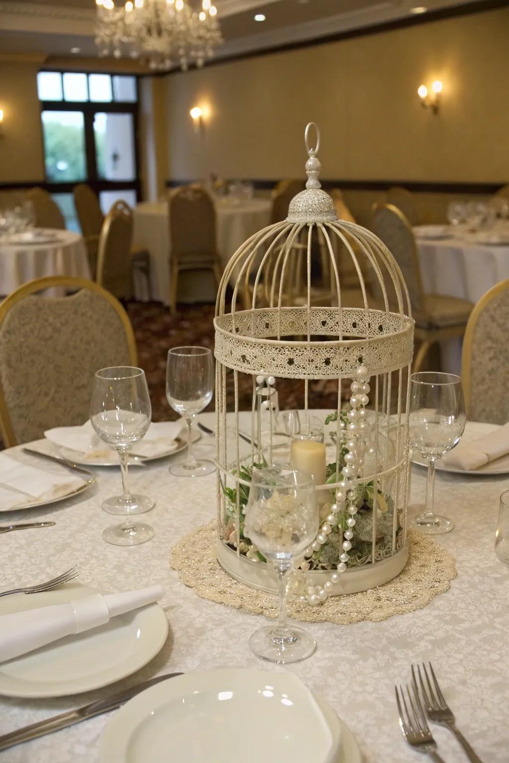 A sophisticated tablescape featuring a bird cage centerpiece.