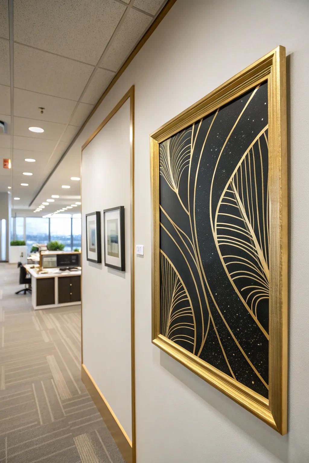 Gold-framed art adds a sophisticated flair to your office decor.