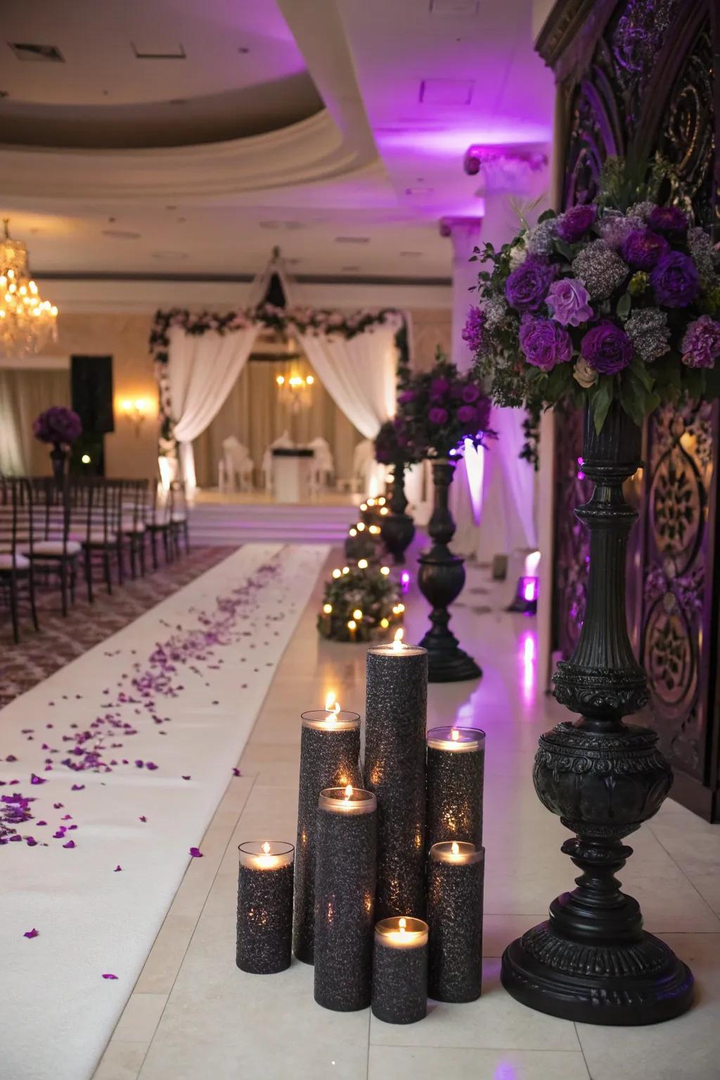 Candlelit ambiance with black and purple candles.