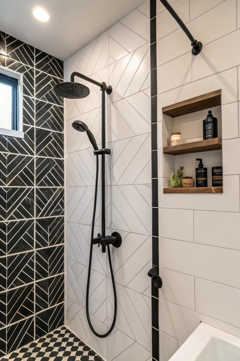 Bold black fixtures complement the black and white theme.