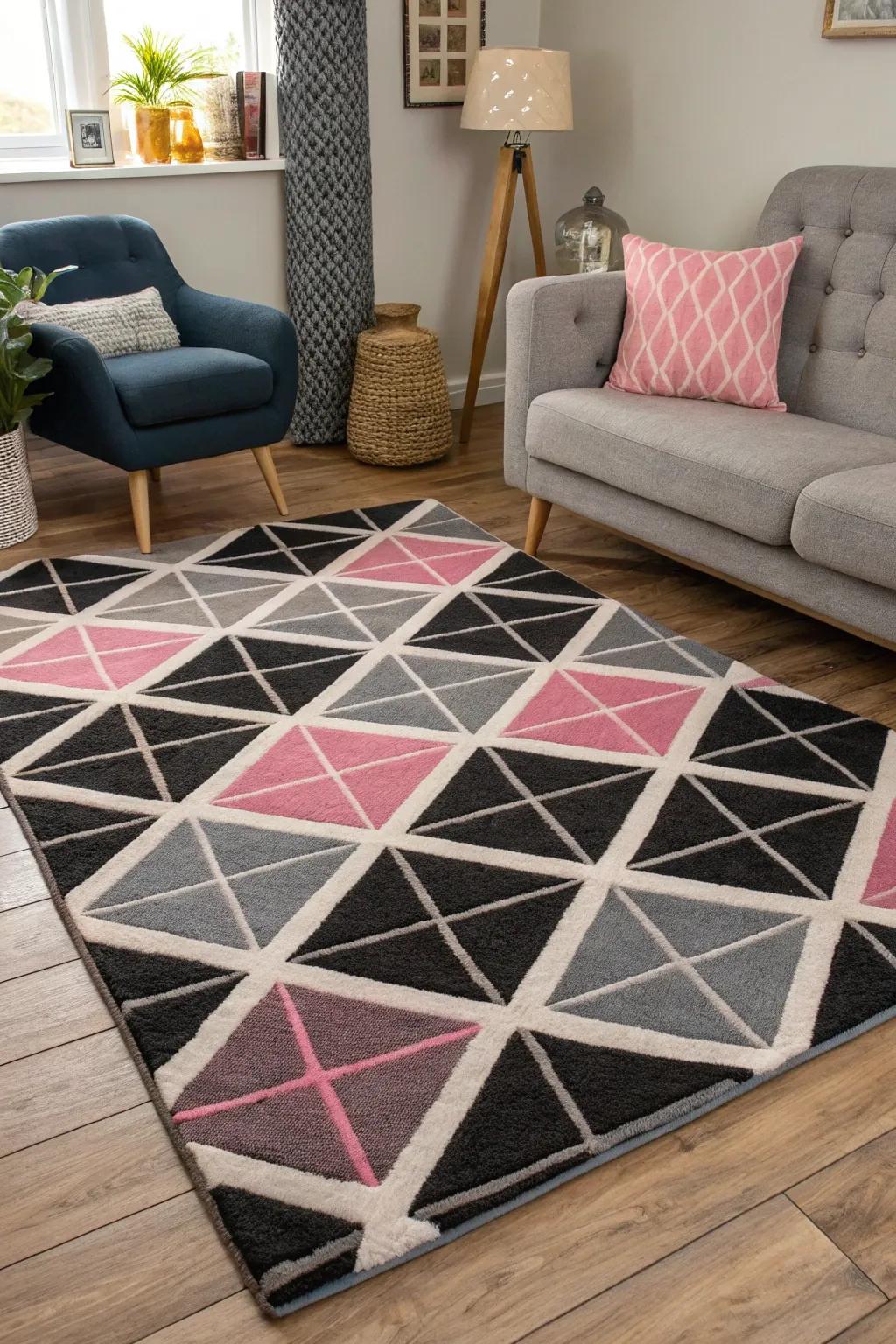 A geometric rug adds a modern edge and grounds the space.